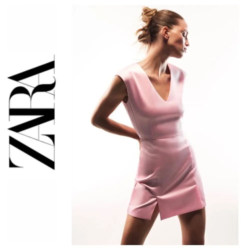 NWT Zara Pink Satin Effect Sleeveless V-Neck Short Mini Dress, Size Medium
